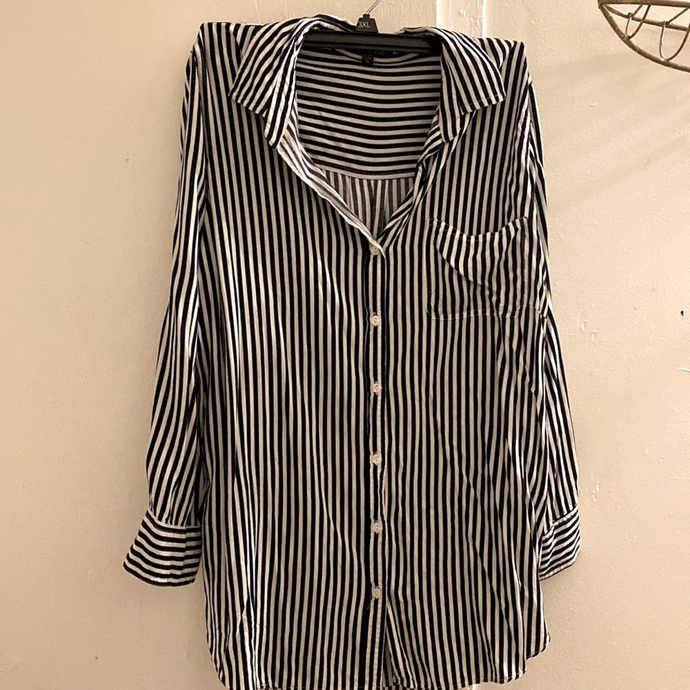 Navy and white stripe button up shirt